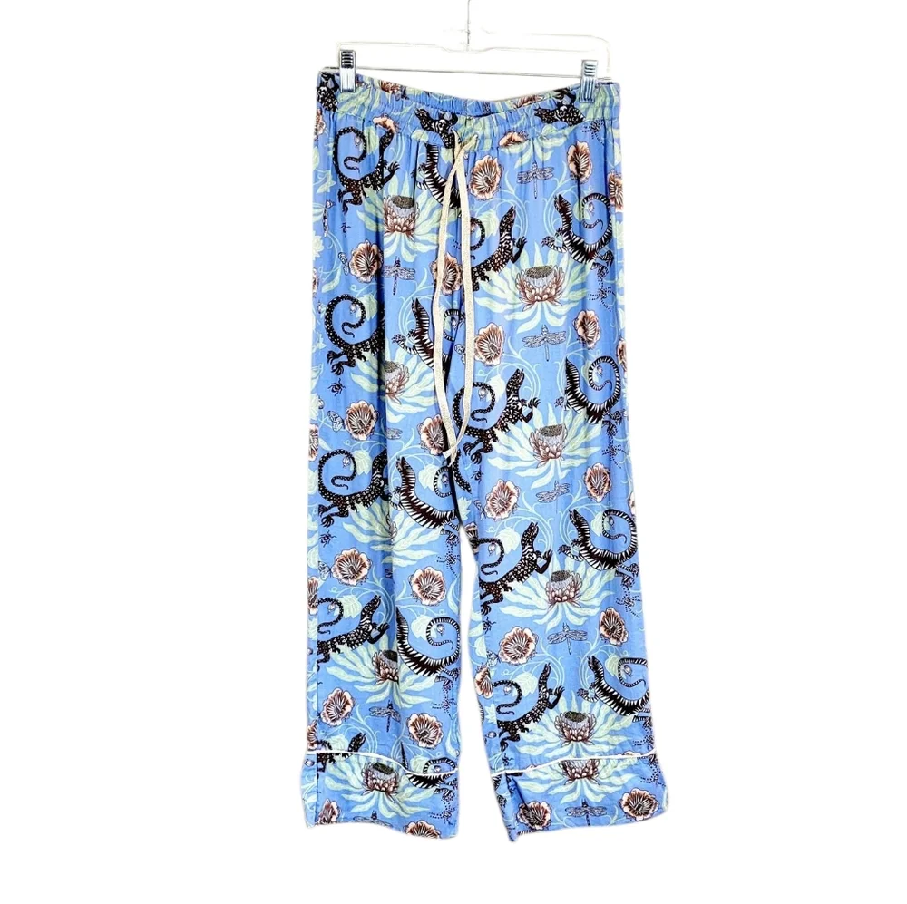 Victoria Garcia x Anthropologie Wide Leg Flannel Pajama Bottoms Lizards Flowers